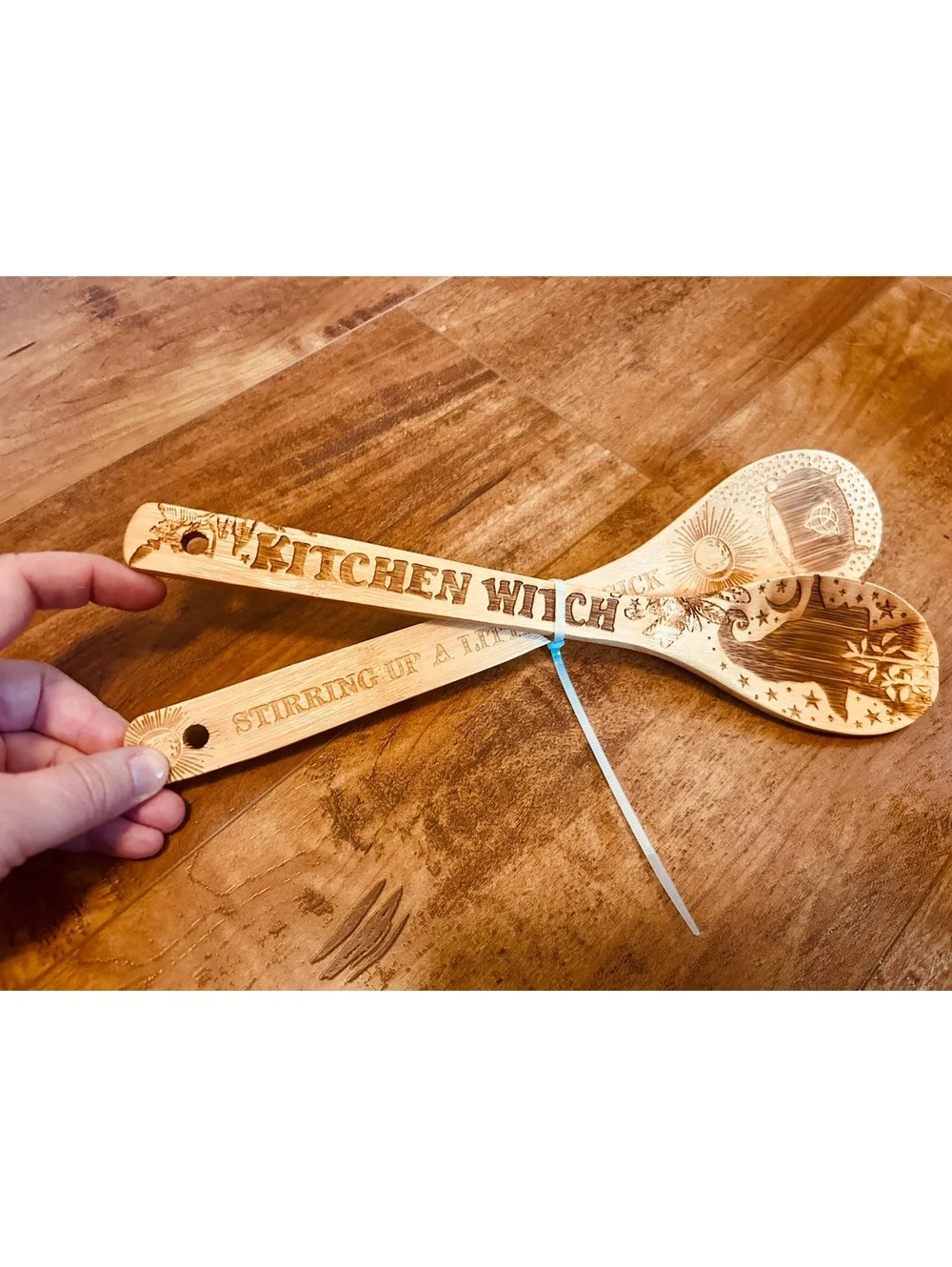 Set of 2 Wooden Kitchen Witch Stirring Spoons with Engraved Witch and Cauldron